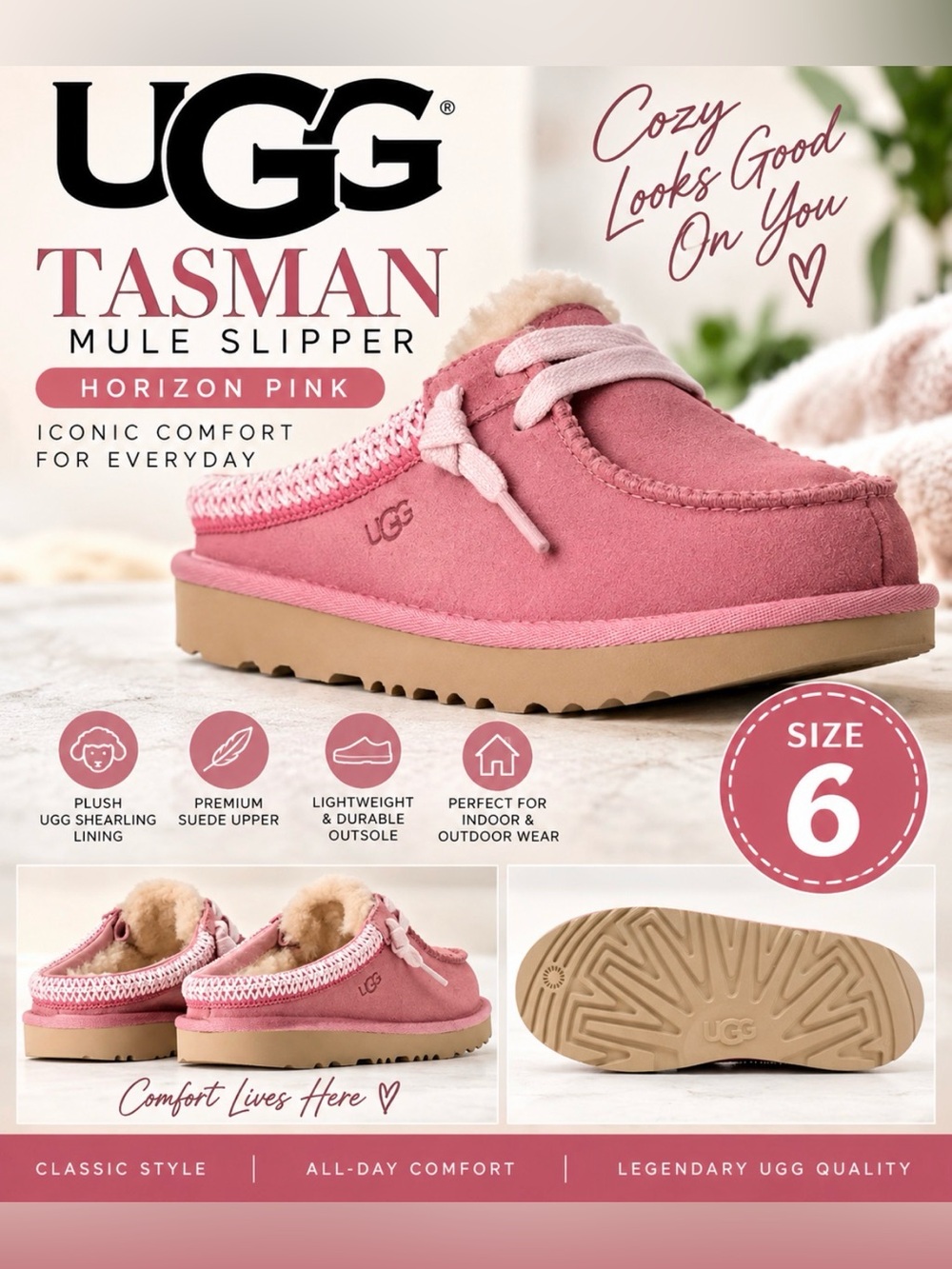 UGG Tasman Mule Slipper - Horizon Pink, Size 6